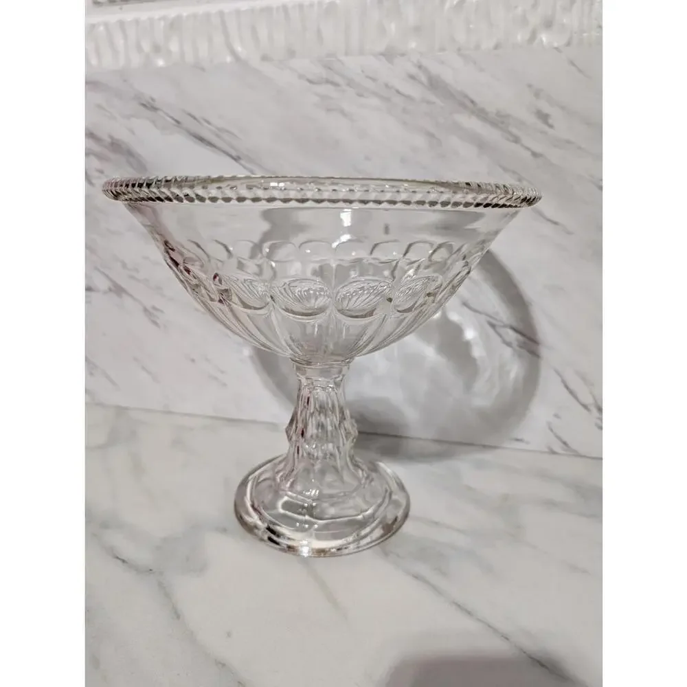 EAPG Clear Glass Pedestal Bowl W/Decorative Pattern Scalloped Edge Compote Bowl